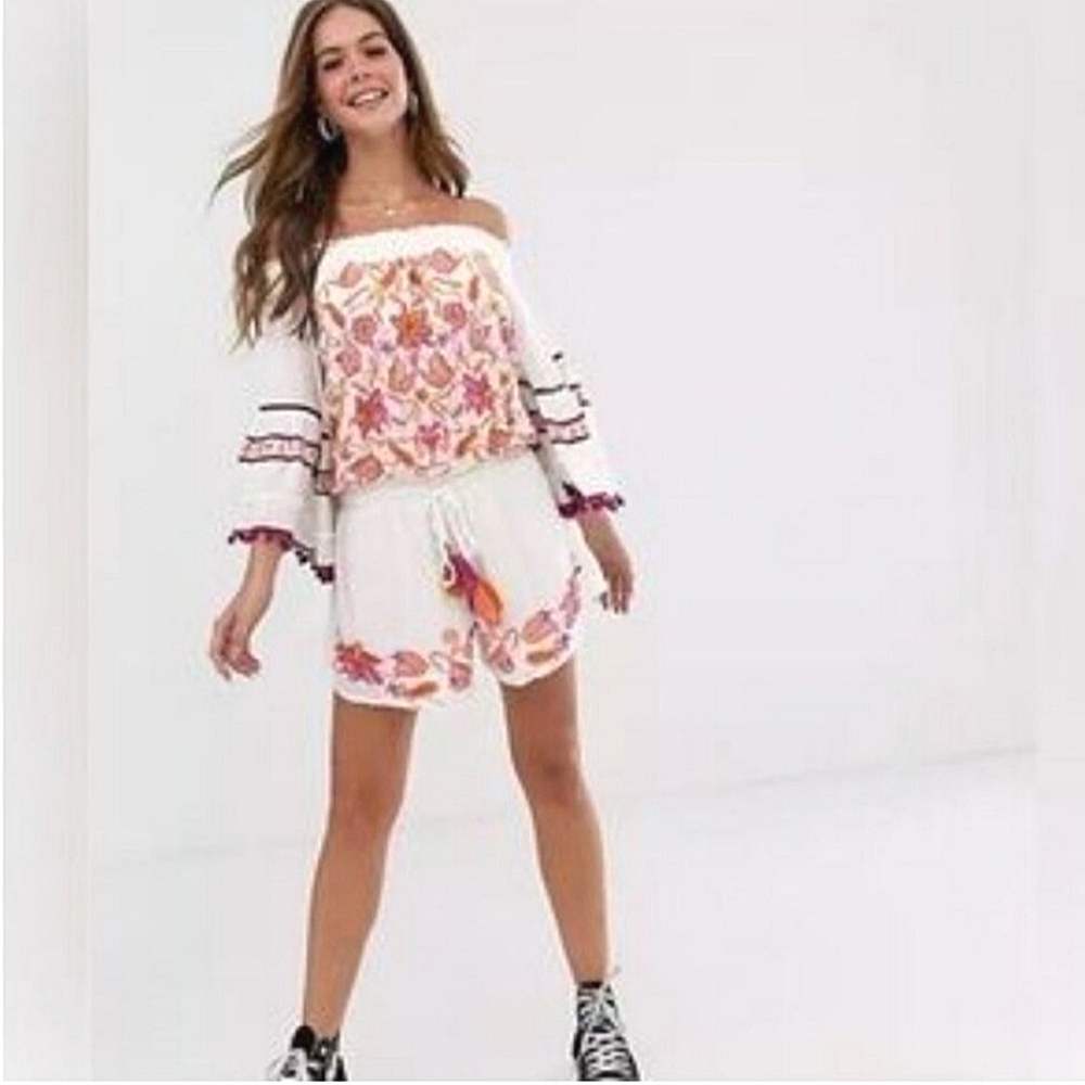 RAGA White Pink Gauze Embroidered Off Shoulder Romper Casual Boho Anthro Small